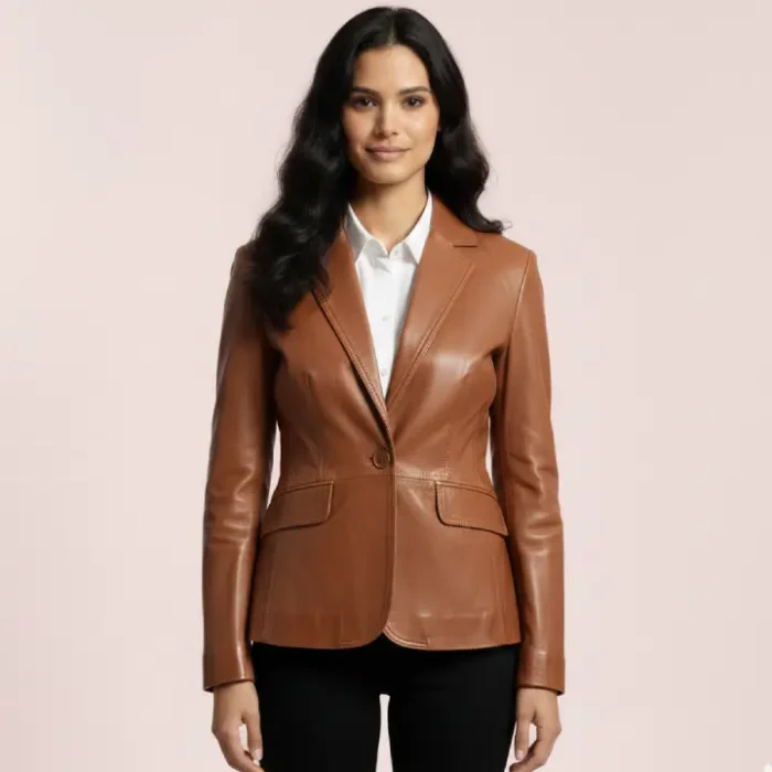Womens Leather Fashion Single Breasted Blazer Tan AWL-Blazer front