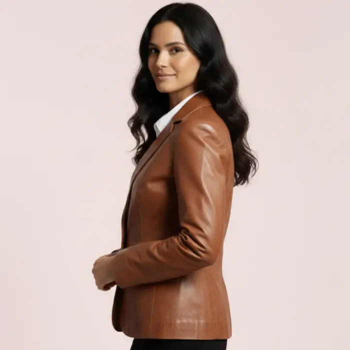 Womens Leather Fashion Single Breasted Blazer Tan AWL-Blazer side