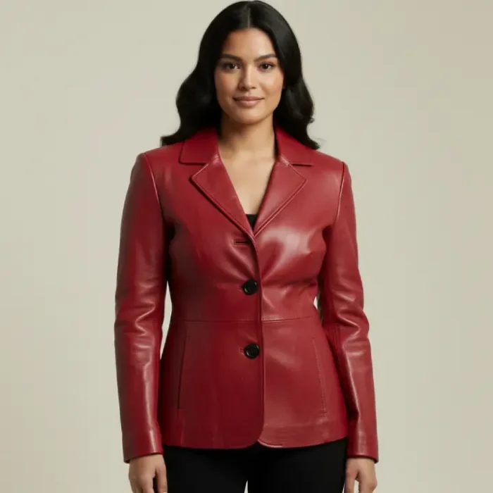 Women's Red Real Leather Blazer Jacket front