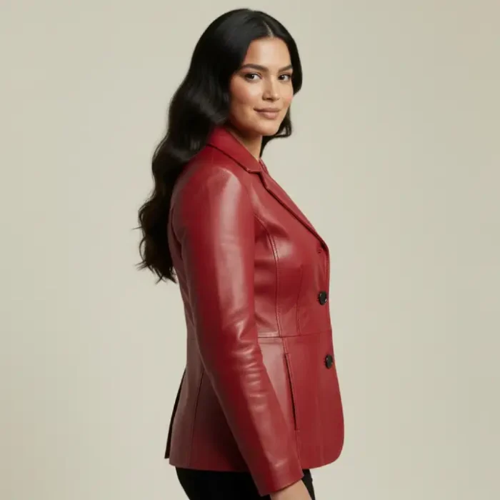 Women's Red Real Leather Blazer Jacket side