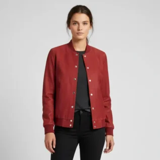 Women's Rib Knit Style Leather Maroon Bomber Jacket front