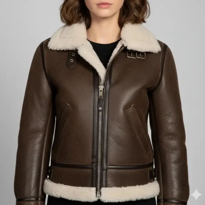 Women’s Shearling Brown Jacket front Women’s Shearling Brown Jacket front