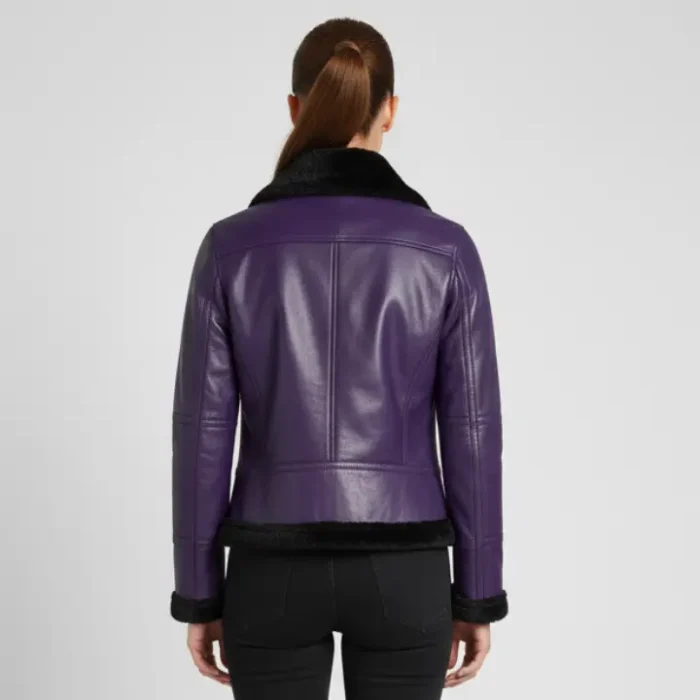 Women's Shearling Jacket Purple Vintage Style Lined with Fur back