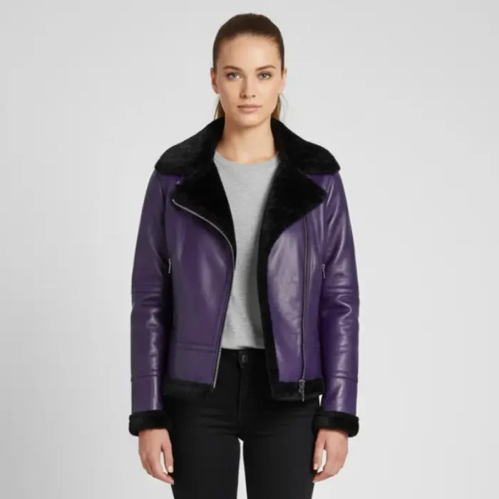 Women's Purple Shearling Leather Bomber Jacket front