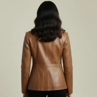Women's Three Button Camel Real Leather Blazer back