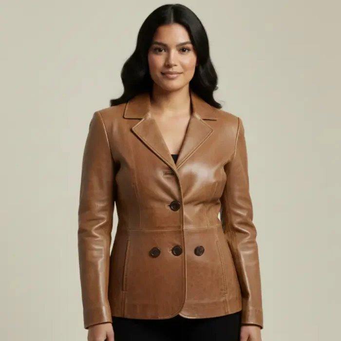 Women's Three Button Camel Real Leather Blazer front