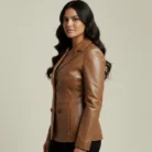 Women's Three Button Camel Real Leather Blazer side