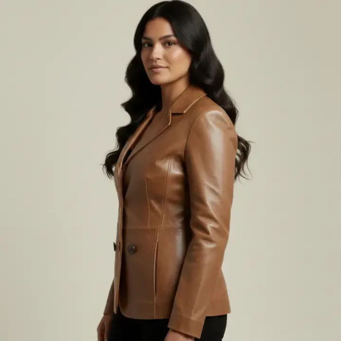 Women's Three Button Camel Real Leather Blazer side