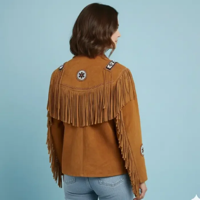Women's Western Wear Suede Leather Jacket Coat Fringe, Traditional Vintage Style Beaded Leather Jacket, Women Tassel Jacket back Women's Western Wear Suede Leather Jacket Coat Fringe, Traditional Vintage Style Beaded Leather Jacket, Women Tassel Jacket back