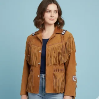 Women's Western Wear Suede Leather Jacket Coat Fringe, Traditional Vintage Style Beaded Leather Jacket, Women Tassel Jacket front