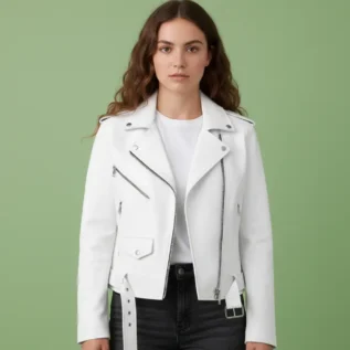 Women's White Leather Motorcycle Jacket w/Side Lace front