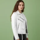 Women's White Leather Motorcycle Jacket w/Side Lace side