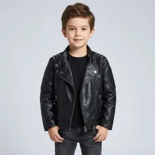 Kids Black Studded Motorcycle Biker Leather Jacket