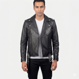 Men's Black Biker Leather Jacket front