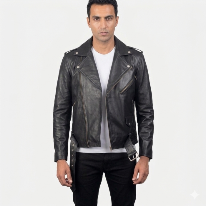 Allaric Alley Black Leather Biker Jacket front Men's Black Biker Leather Jacket front