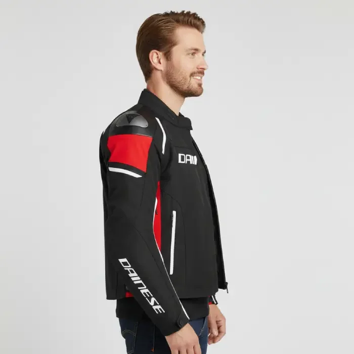 Dainese Racing 3 D Waterproof Textile Motorbike Motorcycle Jacket TriCore Made side pose Dainese Racing 3 D Waterproof Textile Motorbike Motorcycle Jacket TriCore Made side pose