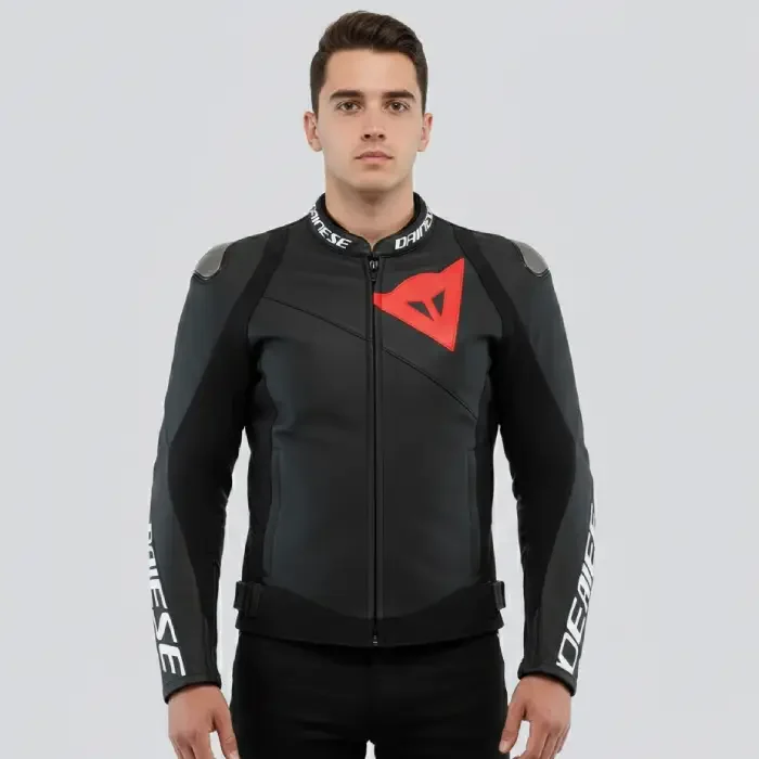 Dainese Sportiva Leather Jacket Motorcycle Motorbike Spots CE Approve By TriCore front Men's Motorcycle Jacket front