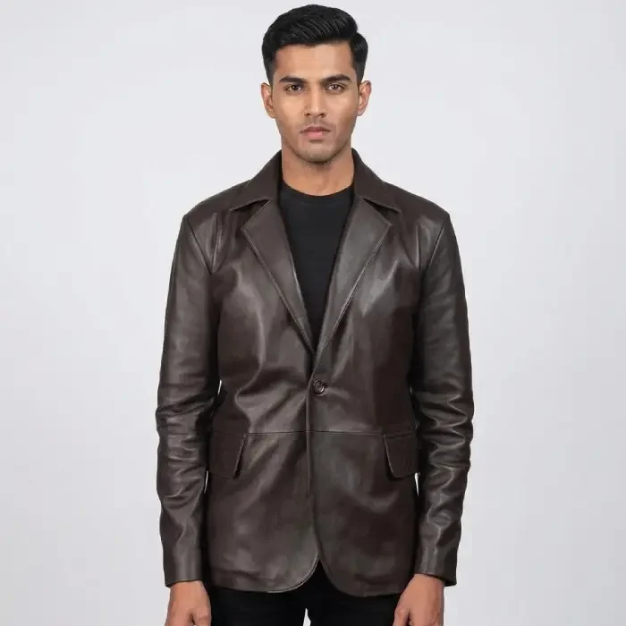 Men's Dark Brown Leather Blazer front