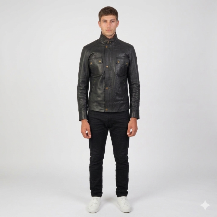 Darren Black Leather Biker Jacket front Genuine Lambskin Leather Jacket front