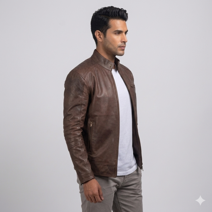 Dean Brown Leather Biker Jacket side Genuine Brown Leather Jacket side