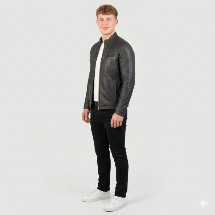 Ionic Black Leather Jacket side Genuine Lambskin Slim Jacket side