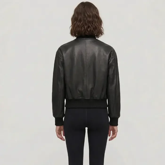 Julee Women's Black Snap Button Cropped Leather Bomber jacket back