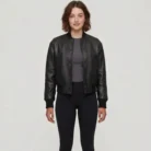 Julee Women's Black Snap Button Cropped Leather Bomber jacket side