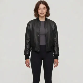 Julee Women's Black Snap Button Cropped Leather Bomber jacket side