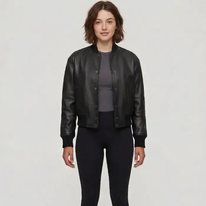 Julee Women's Black Snap Button Cropped Leather Bomber jacket side