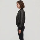 Julee Women's Black Snap Button Cropped Leather Bomber jacket side