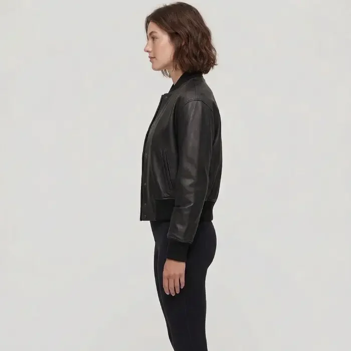 Julee Women's Black Snap Button Cropped Leather Bomber jacket side