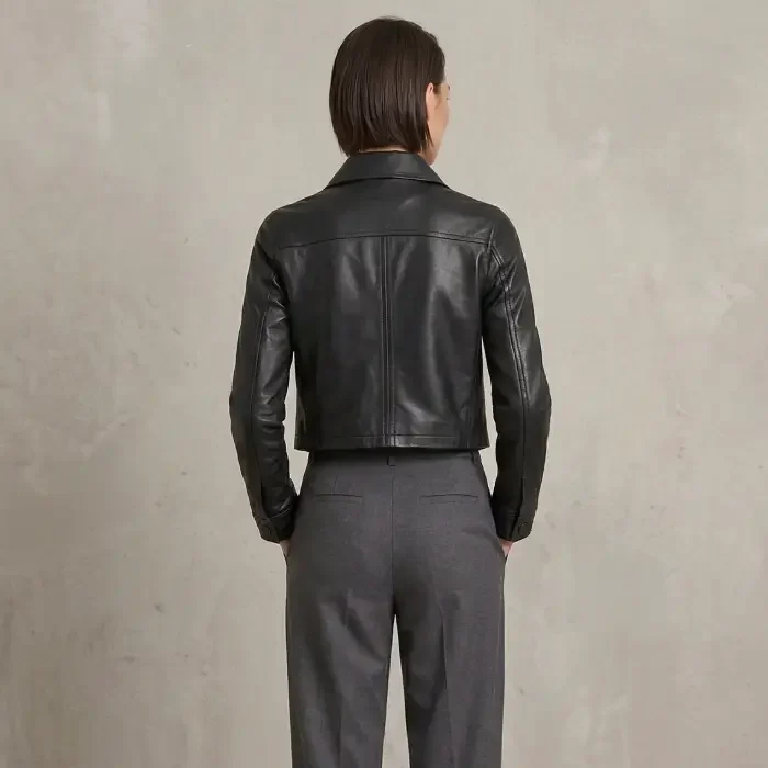 Mable Women's Black Cropped Harrington Leather Jacket back