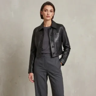 Mable Women's Black Cropped Harrington Leather Jacket back