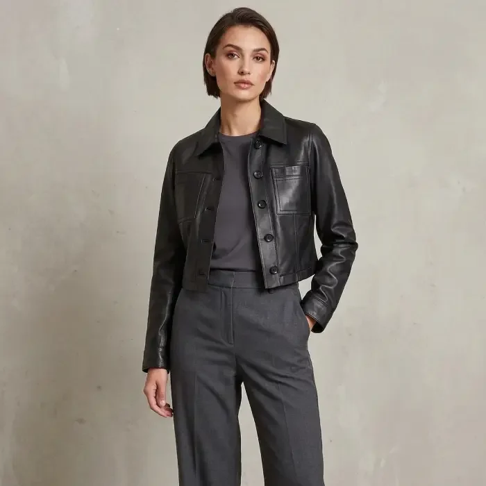 Mable Women's Black Cropped Harrington Leather Jacket back