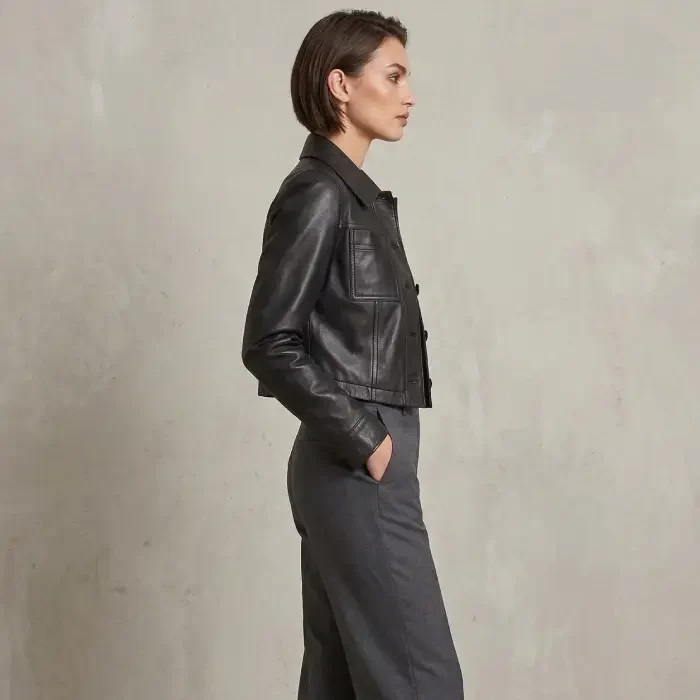 Mable Women's Black Cropped Harrington Leather Jacket side