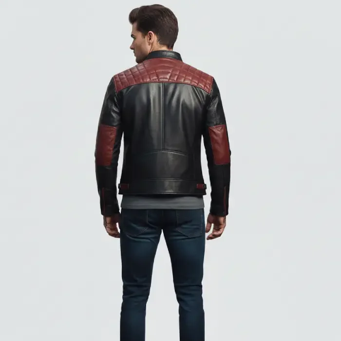 Men’s Black and Maroon Cafe Racer Leather Jacket – Quilted Shoulder back Men's Black & Burgundy Leather Jacket back