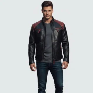 Men's Black & Burgundy Leather Jacket front