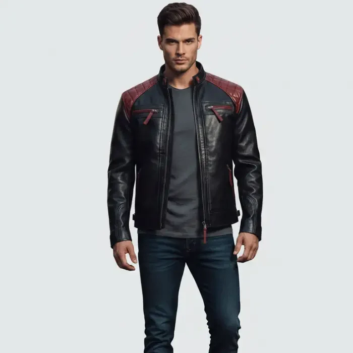 Men’s Black and Maroon Cafe Racer Leather Jacket – Quilted Shoulder front Men's Black & Burgundy Leather Jacket front