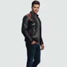 Men's Black & Burgundy Leather Jacket side