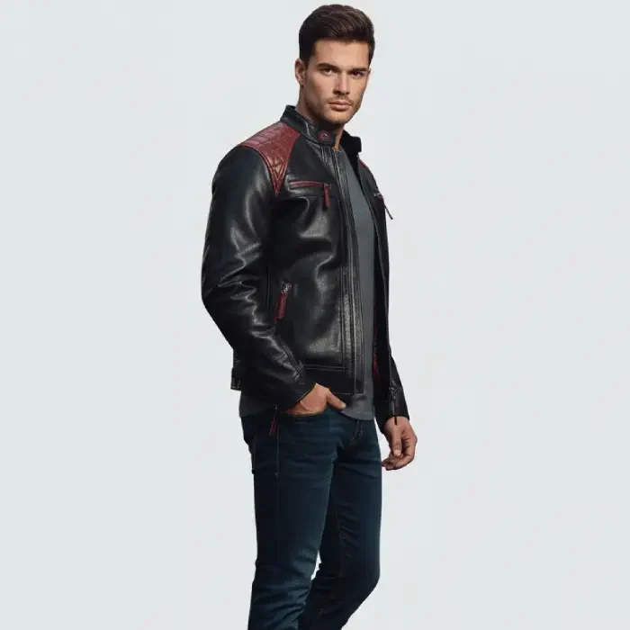 Men’s Black and Maroon Cafe Racer Leather Jacket – Quilted Shoulder side Men's Black & Burgundy Leather Jacket side