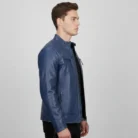 Men’s Blue Quilted Shoulder Cafe Racer Leather Jacket back (1)
