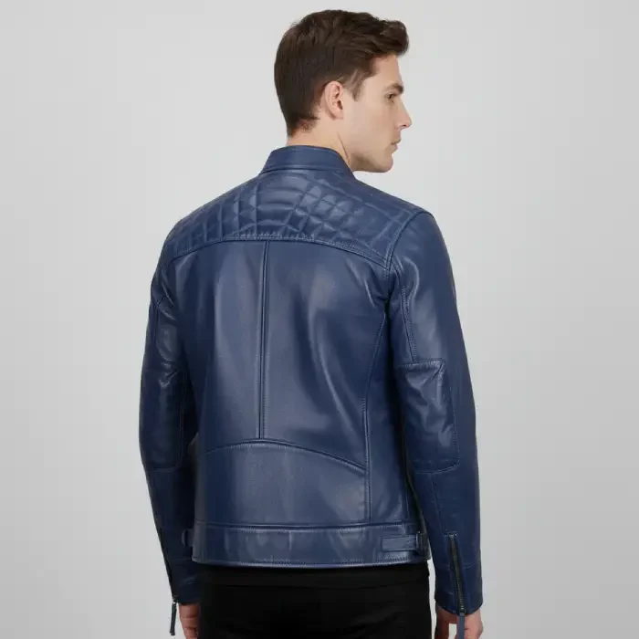 Men’s Blue Quilted Shoulder Cafe Racer Leather Jacket back Cafe Racer Leather Jacket back