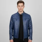 Men’s Blue Quilted Shoulder Cafe Racer Leather Jacket front