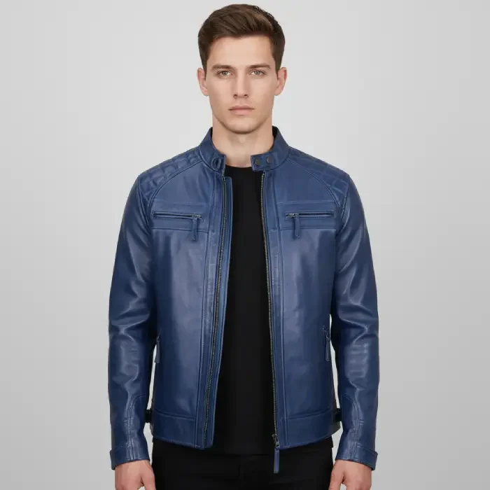 Men’s Blue Quilted Shoulder Cafe Racer Leather Jacket front Men’s Blue Quilted Shoulder Cafe Racer Leather Jacket front