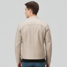 Men’s Cafe Racer Warm Beige Leather Jacket – Quilted Shoulder back