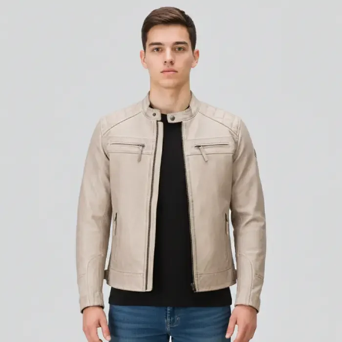 Men’s Cafe Racer Warm Beige Leather Jacket – Quilted Shoulder front Beige Cafe Racer Jacket front