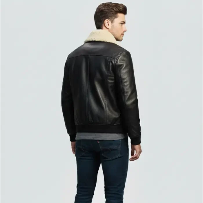 Men’s Fur Collar Black Bomber Leather Jacket back Men’s Fur Collar Black Bomber Leather Jacket back