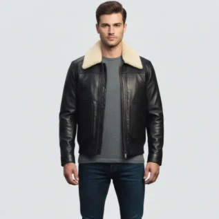 Men's Black Leather Bomber Jacket front