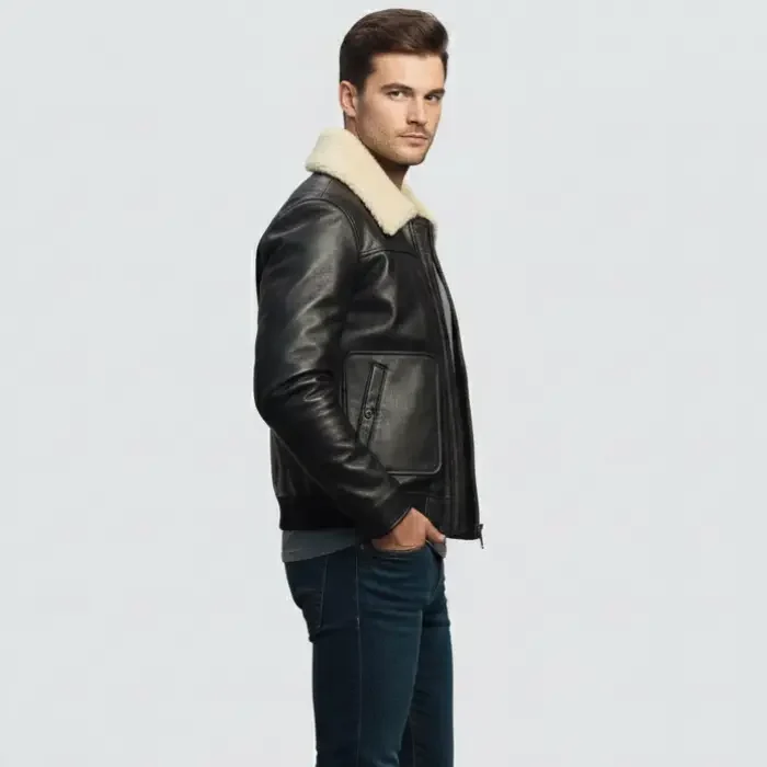 Men’s Fur Collar Black Bomber Leather Jacket side Men’s Fur Collar Black Bomber Leather Jacket side