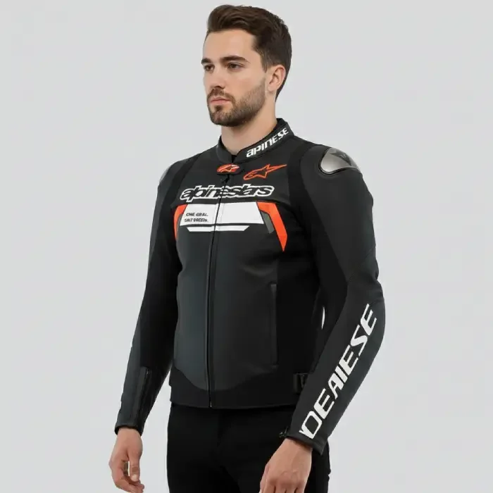 Mens Motorbike Cowhide Leather Jacket, Biker’s Racing Alpinester By TriCore back pose